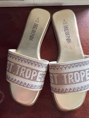 Dream Pairs Beige and Gold Slide Sandals with Embellished Strap
